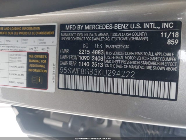 45049468 :رقم المزاد ، 55SWF8GB3KU294222 vin ، 2019 Mercedes-benz Amg C 63 مزاد بيع
