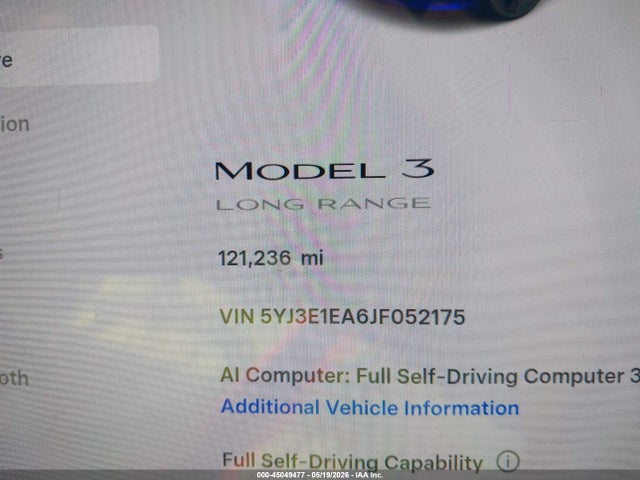 45049477 :رقم المزاد ، 5YJ3E1EA6JF052175 vin ، 2018 Tesla Model 3 مزاد بيع