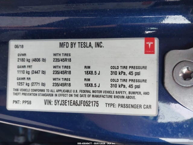 Tesla MODEL 3 2018 5YJ3E1EA6JF052175 Image 9