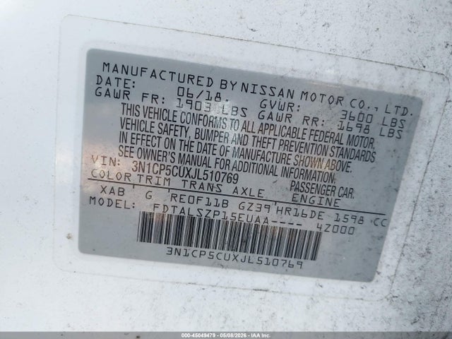 45049479 :رقم المزاد ، 3N1CP5CUXJL510769 vin ، 2018 Nissan Kicks Sv مزاد بيع