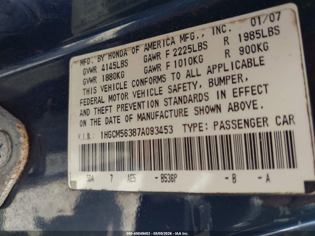 Aukcja sprzedaży 2007 Honda Accord 2.4 Se, vin: 1HGCM56387A093453, numer aukcji: 45049482
