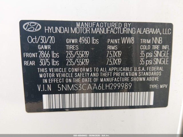 5NMS3CAA6LH299989 Hyundai Santa Fe Sel 2.0t