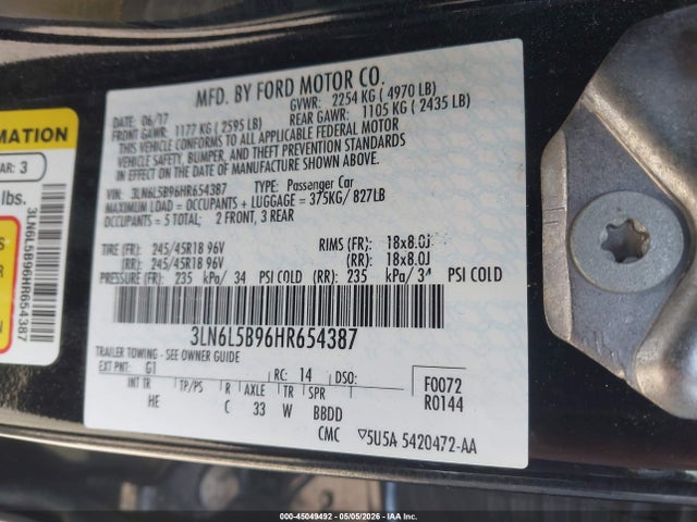Продаж на аукціоні авто 2017 Lincoln Mkz Premiere, vin: 3LN6L5B96HR654387, номер лоту: 45049492