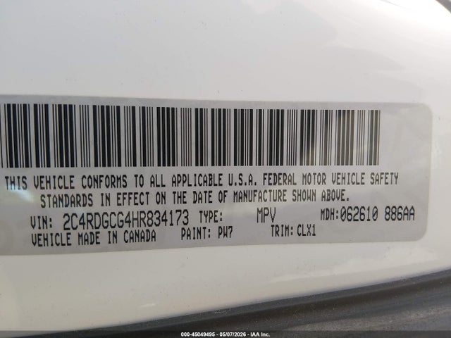 45049495 :رقم المزاد ، 2C4RDGCG4HR834173 vin ، 2017 Dodge Grand Caravan Sxt مزاد بيع