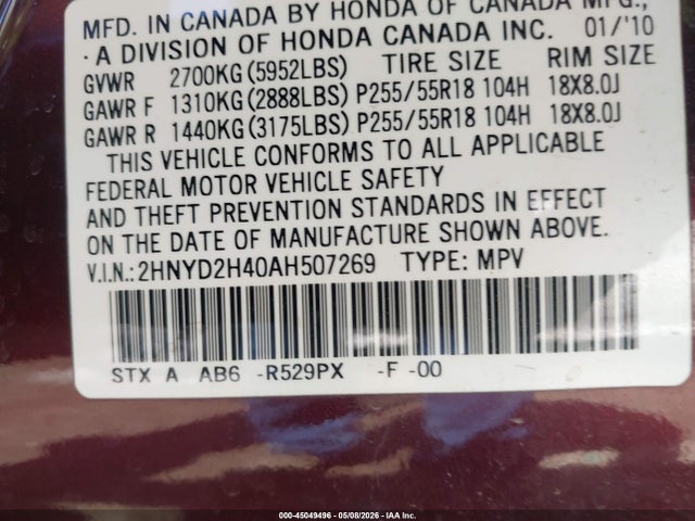45049496 :رقم المزاد ، 2HNYD2H40AH507269 vin ، 2010 Acura Mdx Technology Package مزاد بيع