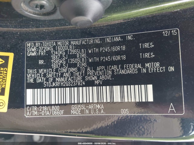 Aukcja sprzedaży 2016 Toyota Highlander Xle V6, vin: 5TDJKRFH2GS237824, numer aukcji: 45049500