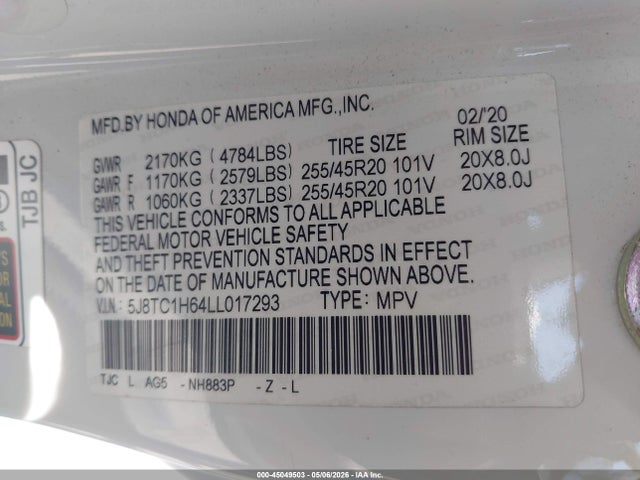 Aukcja sprzedaży 2020 Acura Rdx A-spec Package, vin: 5J8TC1H64LL017293, numer aukcji: 45049503
