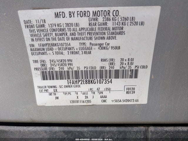 45049508 :رقم المزاد ، 1FAHP2E88KG107354 vin ، 2019 Ford Taurus Sel مزاد بيع