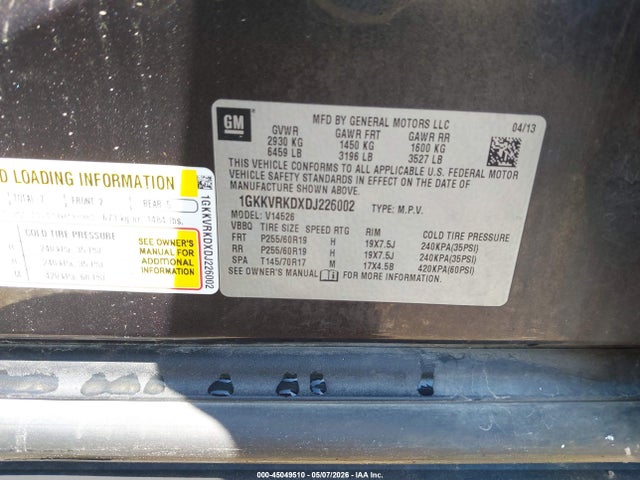 45049510 :رقم المزاد ، 1GKKVRKDXDJ226002 vin ، 2013 Gmc Acadia Slt-1 مزاد بيع