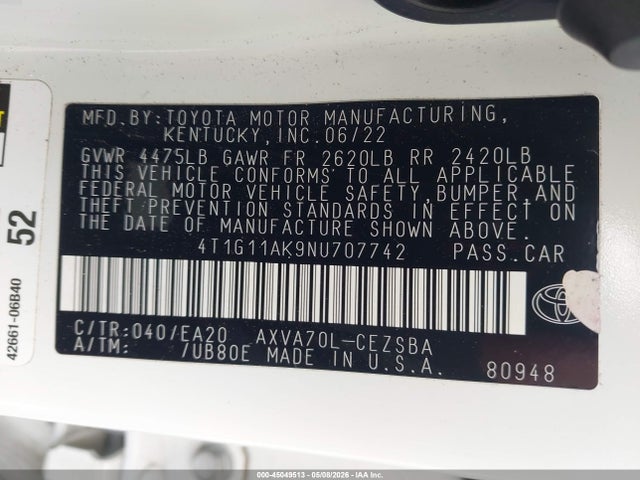 45049513 :رقم المزاد ، 4T1G11AK9NU707742 vin ، 2022 Toyota Camry Se مزاد بيع