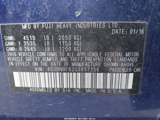 Продаж на аукціоні авто 2016 Subaru Legacy 2.5i Premium, vin: 4S3BNBF62G3037156, номер лоту: 45049516