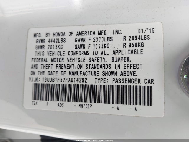Продажа на аукционе авто 2015 Acura Tlx Tech, vin: 19UUB1F57FA014292, номер лота: 45049532