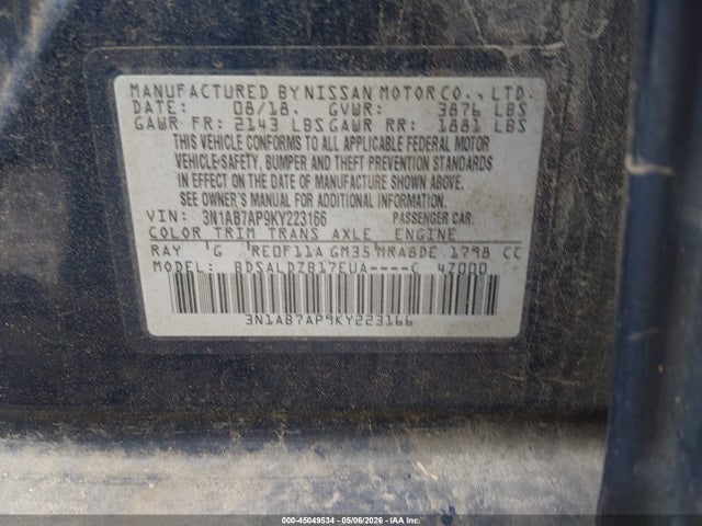 Aukcja sprzedaży 2019 Nissan Sentra Sv, vin: 3N1AB7AP9KY223166, numer aukcji: 45049534