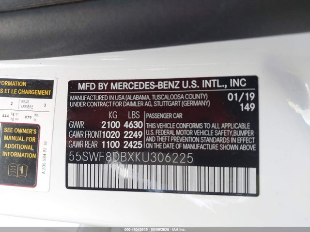 45049535 :رقم المزاد ، 55SWF8DBXKU306225 vin ، 2019 Mercedes-benz C 300 مزاد بيع