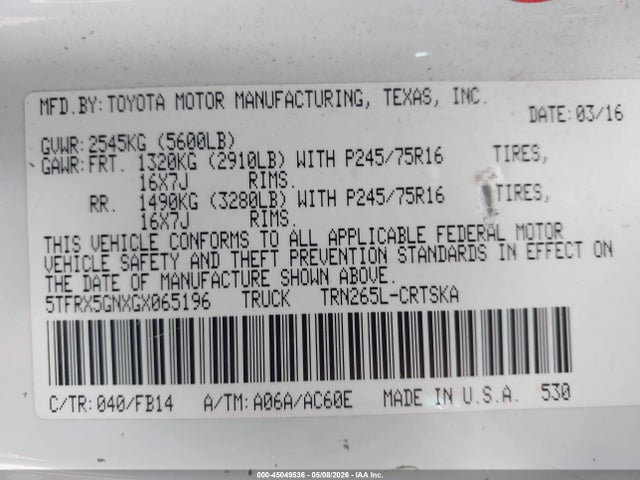 Продаж на аукціоні авто 2016 Toyota Tacoma Sr, vin: 5TFRX5GNXGX065196, номер лоту: 45049536