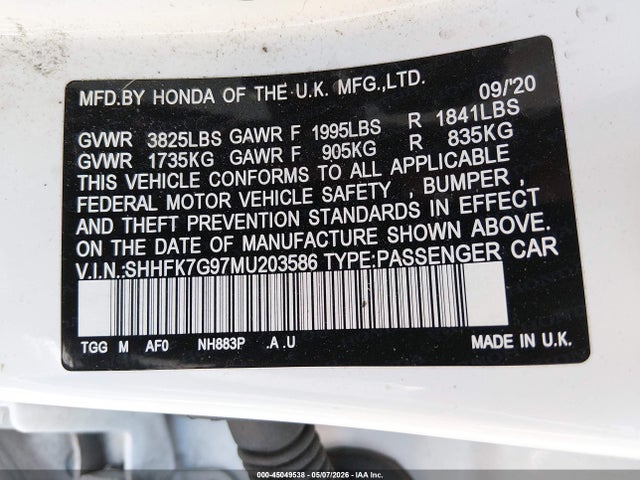 Aukcja sprzedaży 2021 Honda Civic Sport Touring, vin: SHHFK7G97MU203586, numer aukcji: 45049538