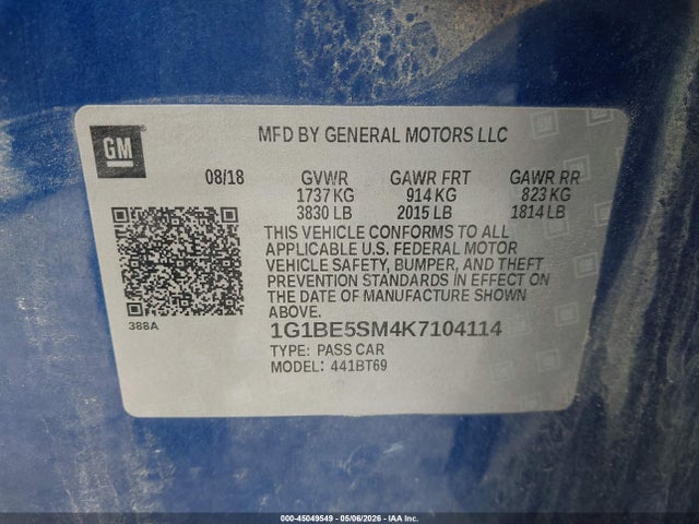 45049549 :رقم المزاد ، 1G1BE5SM4K7104114 vin ، 2019 Chevrolet Cruze Lt مزاد بيع