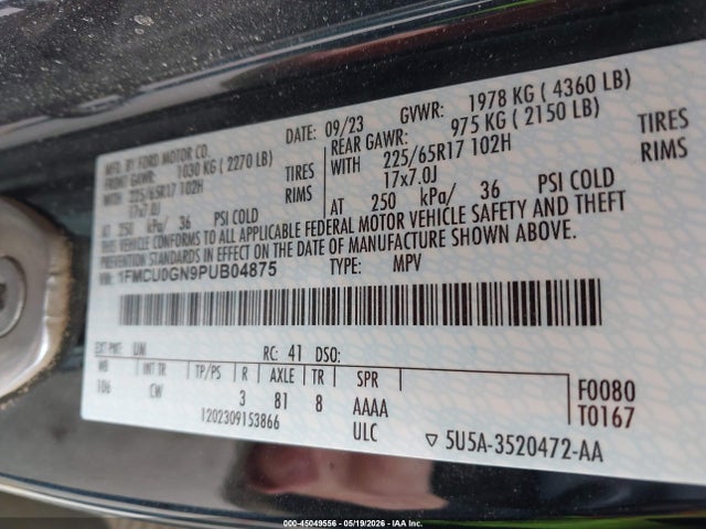 2023 Ford Escape Active მანქანა იყიდება აუქციონზე, vin: 1FMCU0GN9PUB04875, აუქციონის ნომერი: 45049556