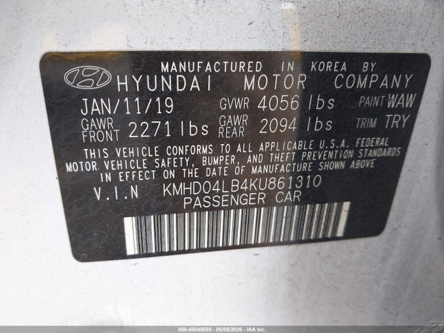 Продажа на аукционе авто 2019 Hyundai Elantra Sport, vin: KMHD04LB4KU861310, номер лота: 45049558