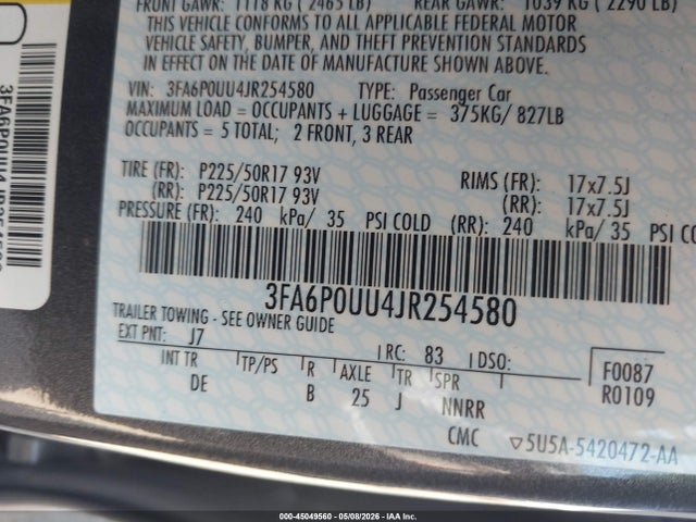 Ford Fusion Hybrid S 2018 3FA6P0UU4JR254580 Image 9