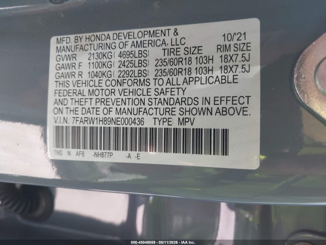 7FARW1H89NE000436 Honda Cr-v 2wd Ex-l