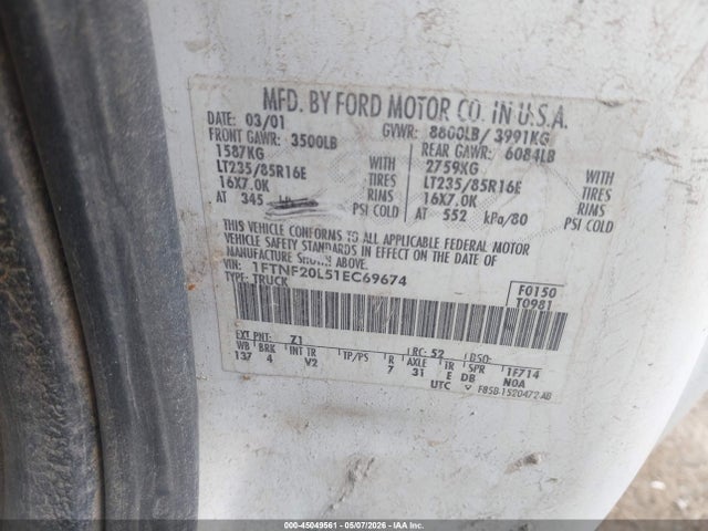 Продажа на аукционе авто 2001 Ford F-250 Xl/xlt, vin: 1FTNF20L51EC69674, номер лота: 45049561