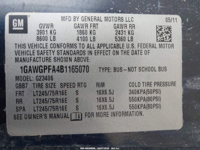 Продаж на аукціоні авто 2011 Chevrolet Express 2500 Ls, vin: 1GAWGPFA4B1165070, номер лоту: 45049566