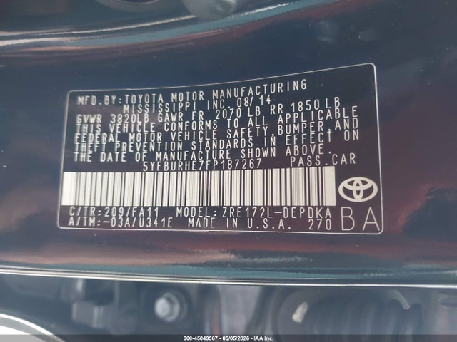 Toyota COROLLA L 2015 5YFBURHE7FP187267 Image 9