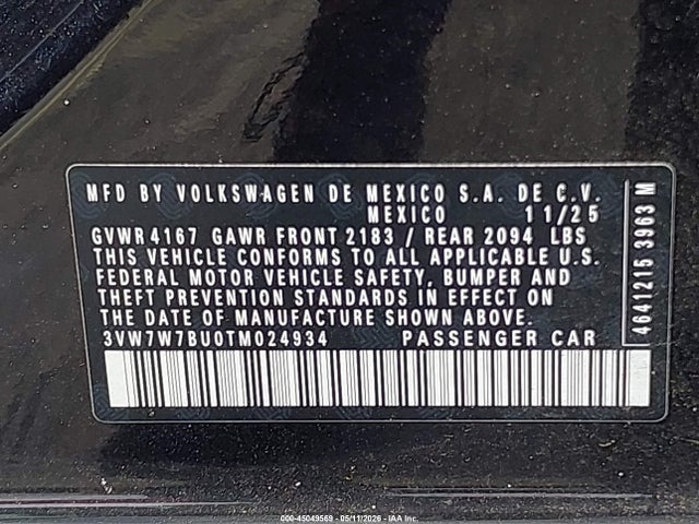 2026 Volkswagen Jetta Se მანქანა იყიდება აუქციონზე, vin: 3VW7W7BU0TM024934, აუქციონის ნომერი: 45049569