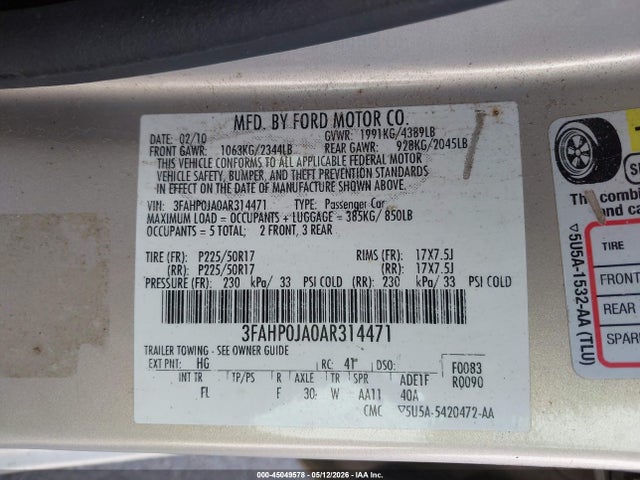 45049578 :رقم المزاد ، 3FAHP0JA0AR314471 vin ، 2010 Ford Fusion Sel مزاد بيع