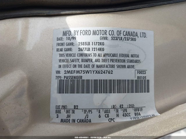 Продажа на аукционе авто 2000 Mercury Grand Marquis Ls, vin: 2MEFM75W1YX624762, номер лота: 45049581