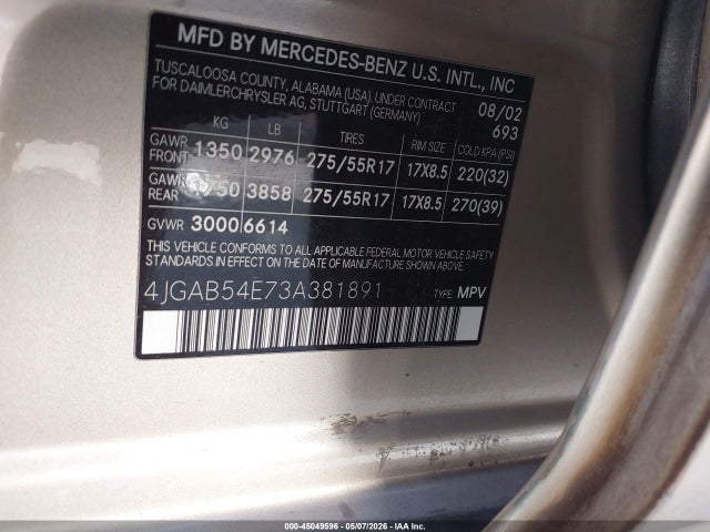 Продажа на аукционе авто 2003 Mercedes-benz Ml 320, vin: 4JGAB54E73A381891, номер лота: 45049596