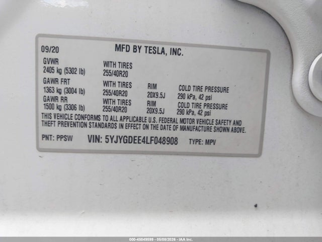 Aukcja sprzedaży 2020 Tesla Model Y Long Range Dual Motor All-wheel Drive, vin: 5YJYGDEE4LF048908, numer aukcji: 45049599