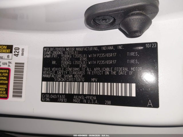 Aukcja sprzedaży 2024 Toyota Sienna Le, vin: 5TDKSKFCXRS110810, numer aukcji: 45049600