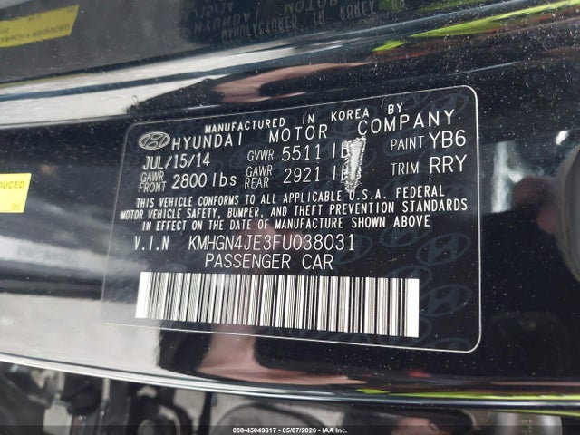 Aukcja sprzedaży 2015 Hyundai Genesis 3.8, vin: KMHGN4JE3FU038031, numer aukcji: 45049617