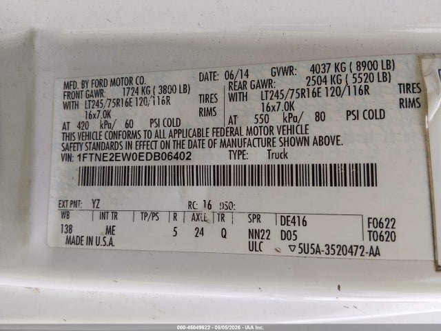 45049622 :رقم المزاد ، 1FTNE2EW0EDB06402 vin ، 2014 Ford E-250 Commercial مزاد بيع