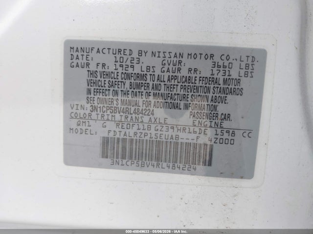 Продажа на аукционе авто 2024 Nissan Kicks S Xtronic Cvt, vin: 3N1CP5BV4RL484224, номер лота: 45049633