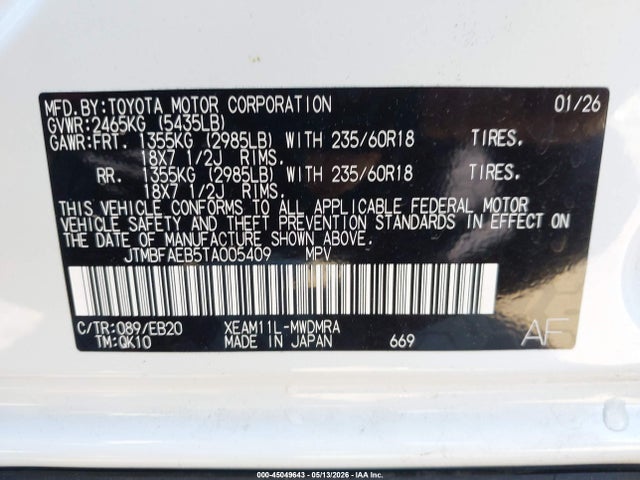45049643 :رقم المزاد ، JTMBFAEB5TA005409 vin ، 2026 Toyota Bz Xle مزاد بيع