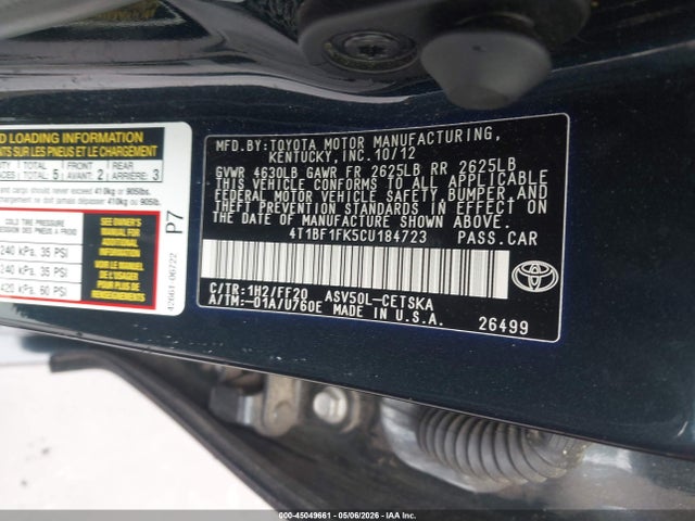 Aukcja sprzedaży 2012 Toyota Camry Se, vin: 4T1BF1FK5CU184723, numer aukcji: 45049661