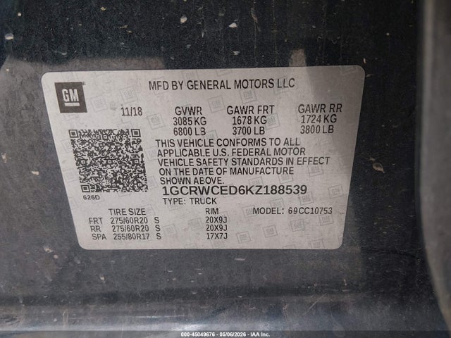 Aukcja sprzedaży 2019 Chevrolet Silverado 1500 Lt, vin: 1GCRWCED6KZ188539, numer aukcji: 45049676