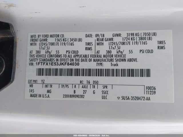 2018 Ford F-150 Xlt მანქანა იყიდება აუქციონზე, vin: 1FTFX1E53JKF84030, აუქციონის ნომერი: 45049685