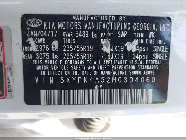 Aukcja sprzedaży 2017 Kia Sorento 3.3l Sx, vin: 5XYPK4A52HG304060, numer aukcji: 45049689