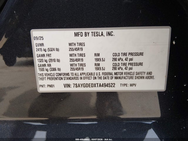 Tesla Model Y 2026 7SAYGDEDXTA494522 Image 9