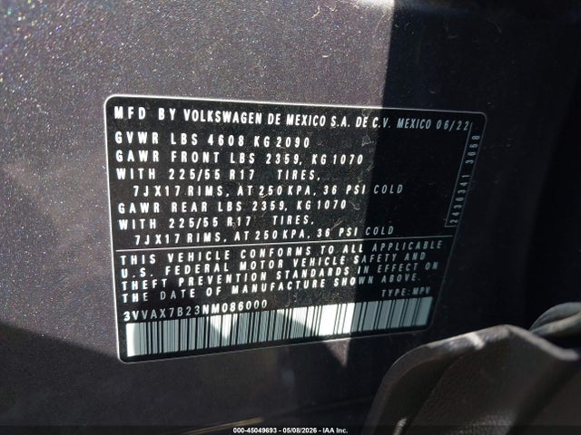 Aukcja sprzedaży 2022 Volkswagen Taos 1.5t S, vin: 3VVAX7B23NM086000, numer aukcji: 45049693