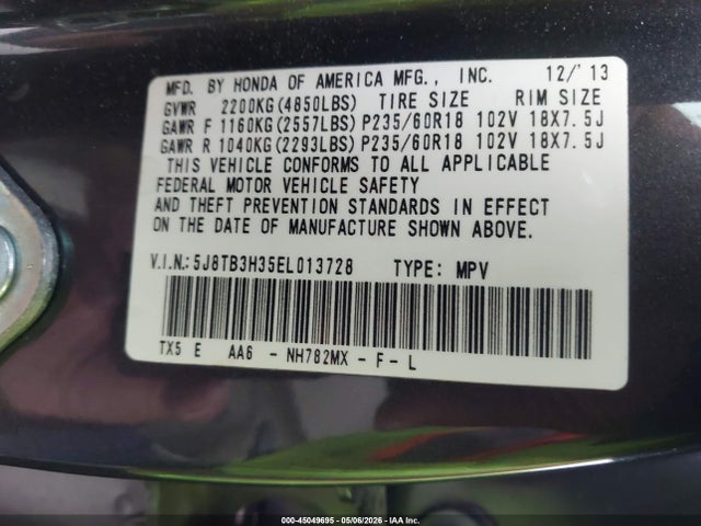 45049695 :رقم المزاد ، 5J8TB3H35EL013728 vin ، 2014 Acura Rdx مزاد بيع