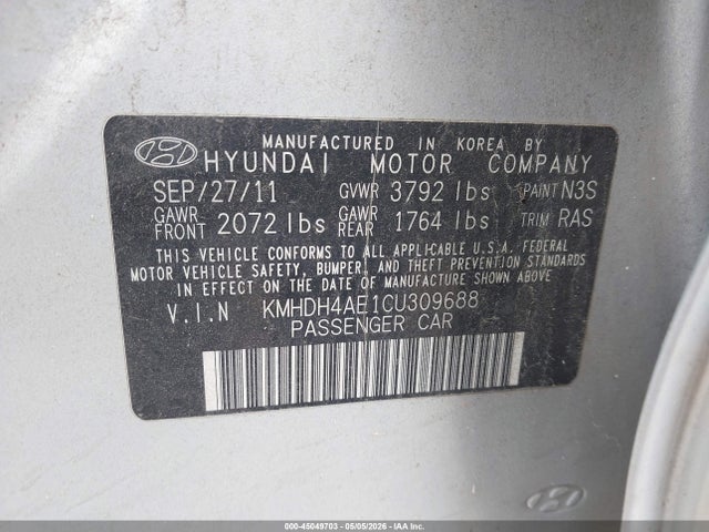 45049703 :رقم المزاد ، KMHDH4AE1CU309688 vin ، 2012 Hyundai Elantra Limited (ulsan Plant) مزاد بيع