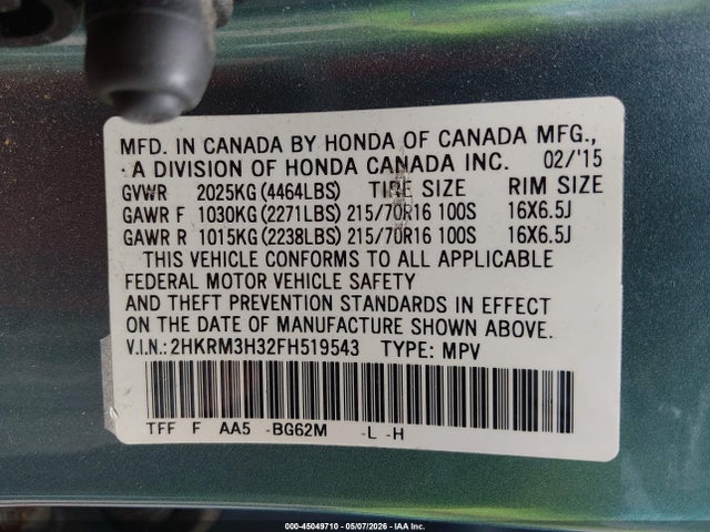 2015 Honda Cr-v Lx მანქანა იყიდება აუქციონზე, vin: 2HKRM3H32FH519543, აუქციონის ნომერი: 45049710