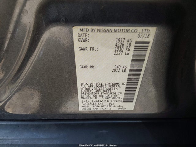 Aukcja sprzedaży 2018 Nissan Altima 2.5 Sr, vin: 1N4AL3AP4JC283789, numer aukcji: 45049713