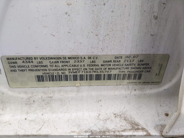 Aukcja sprzedaży 2007 Volkswagen Jetta Wolfsburg Edition, vin: 3VWEF71K07M135707, numer aukcji: 45049725