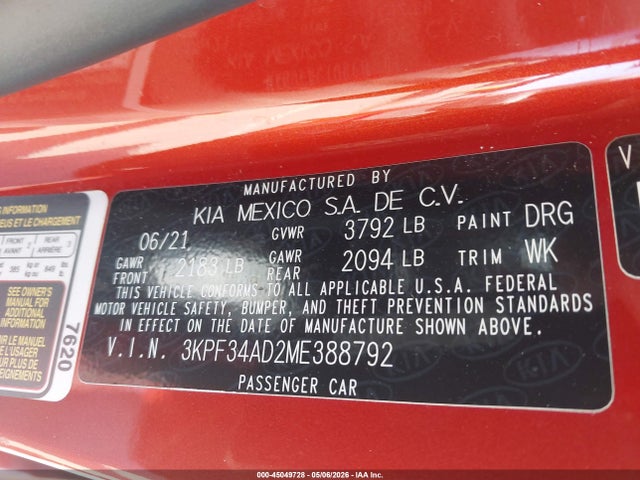 45049728 :رقم المزاد ، 3KPF34AD2ME388792 vin ، 2021 Kia Forte Gt-line مزاد بيع